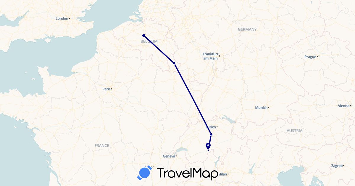 TravelMap itinerary: driving in Belgium, Switzerland, Luxembourg (Europe)